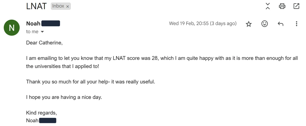 Email from a student reporting an LNAT score of 28 out of 42.