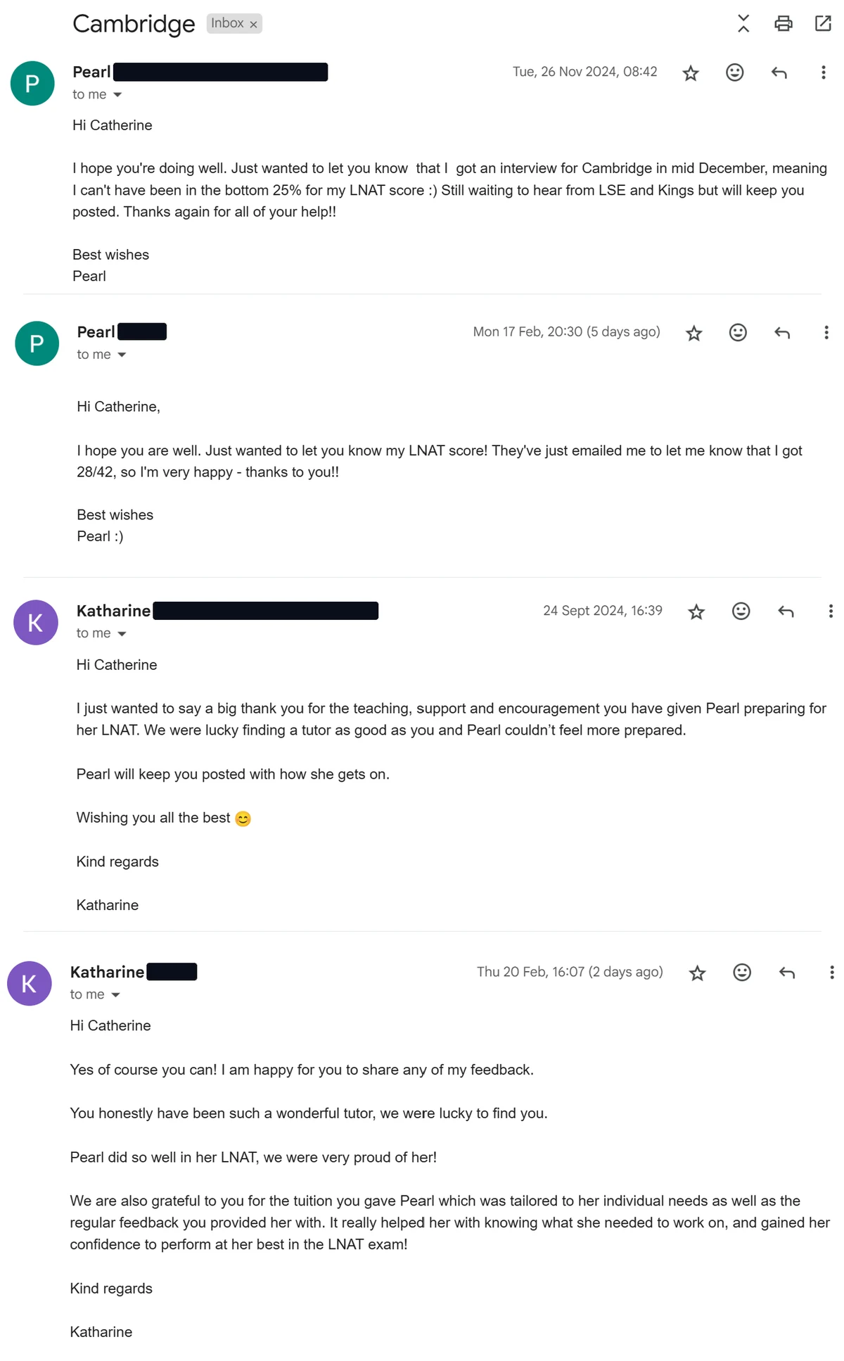 Email thread with a student who gained a Cambridge interview and scored 28 out of 42, followed by messages from her parent thanking Catherine for tailored tuition and regular feedback.