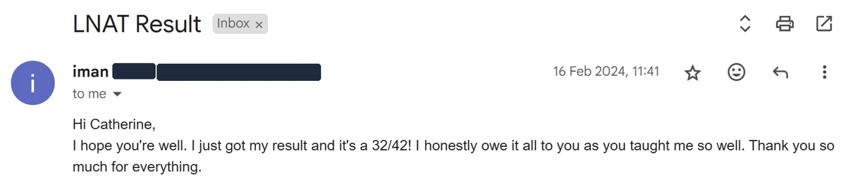 Email from a student reporting an LNAT score of 32 out of 42.