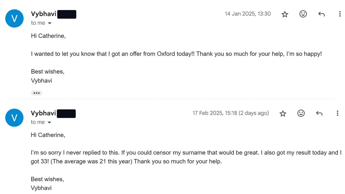 Email thread from a student saying she received an Oxford offer and later scored 33 out of 42 on the LNAT.