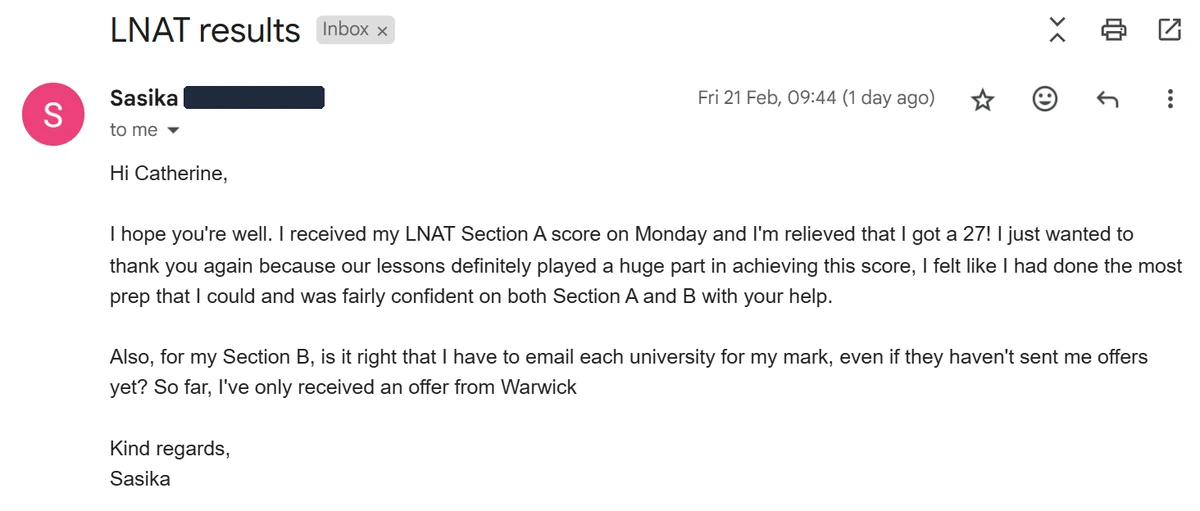 Email from a student reporting 27 on Section A and an offer from Warwick.