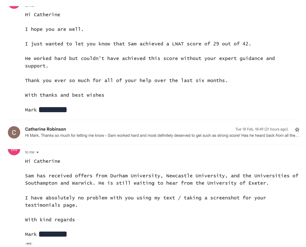 Email exchange with a parent whose son scored 29 out of 42 and received several university offers.