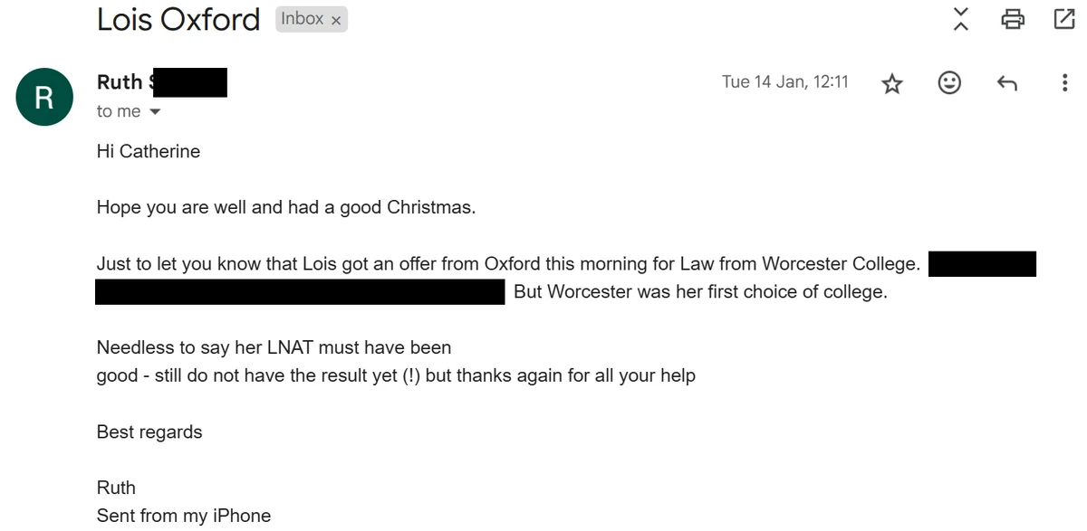 Email from a parent whose daughter received an Oxford Law offer from Worcester College.