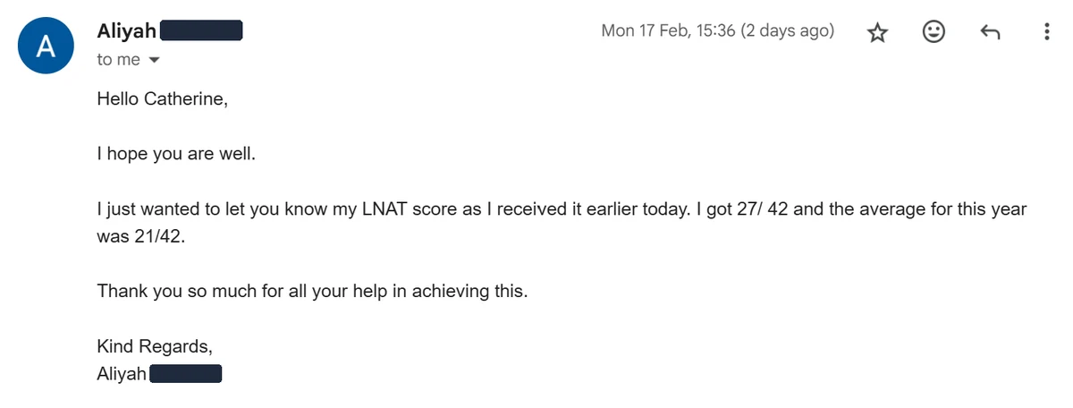 Email from a student reporting an LNAT score of 27 out of 42.