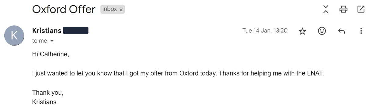 Email from a student confirming an offer from Oxford after LNAT tuition.