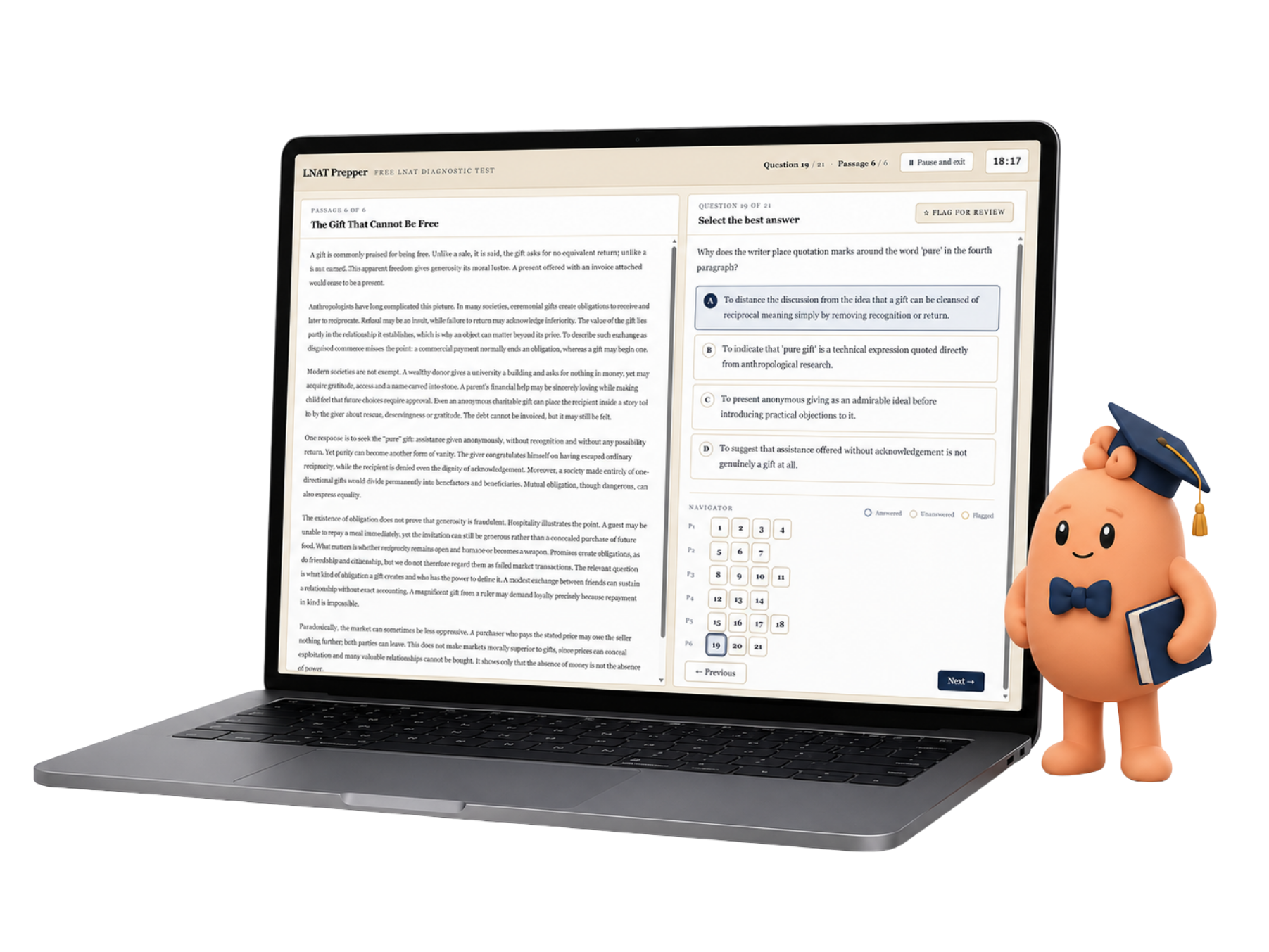 LNAT Prepper practice test interface shown on a laptop with the Prepper mascot