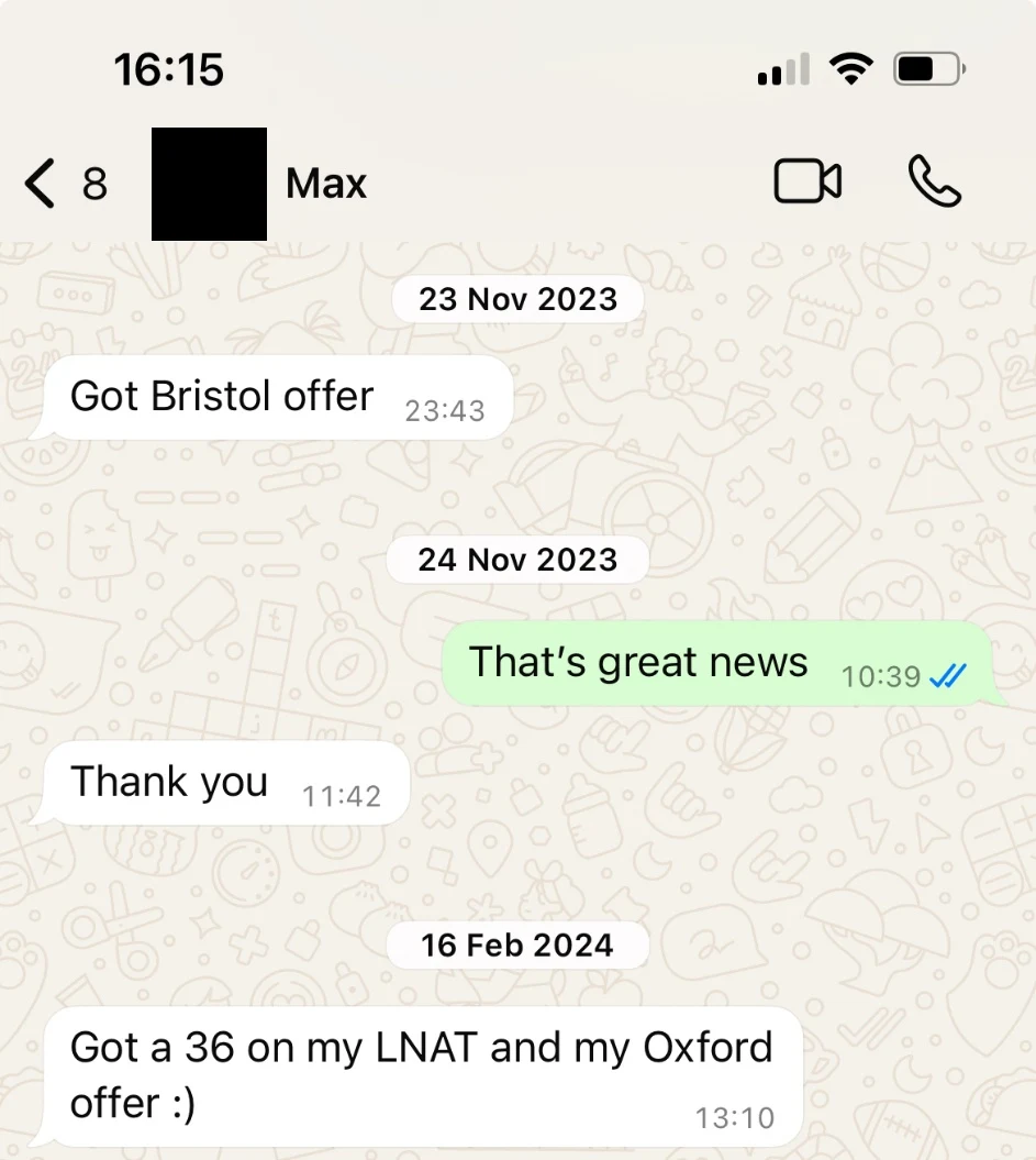 WhatsApp message from a student reporting a score of 36 on the LNAT and an Oxford offer.