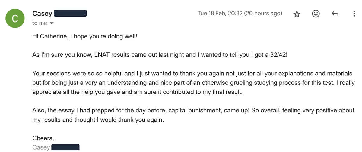 Email from a student reporting 32 out of 42 and noting that her prepared essay topic appeared in the exam.
